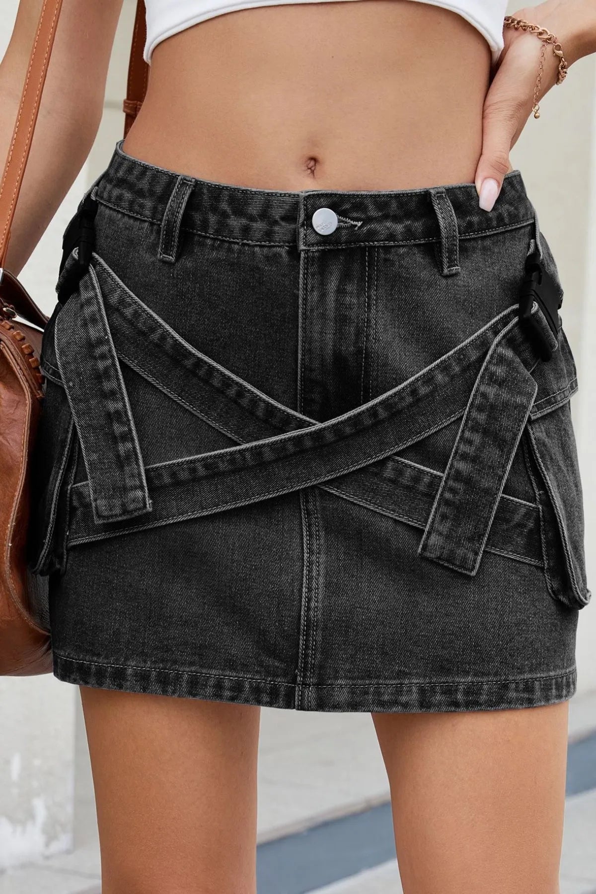 Criss - Cross Waist Detail Denim Mini Skirt - adritiX