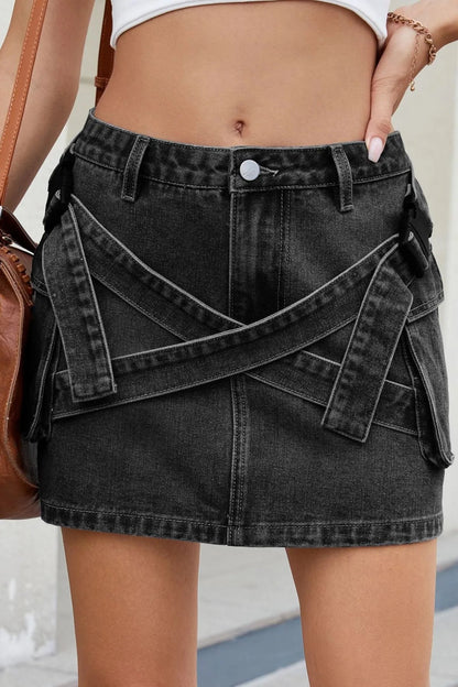 Criss - Cross Waist Detail Denim Mini Skirt - adritiX