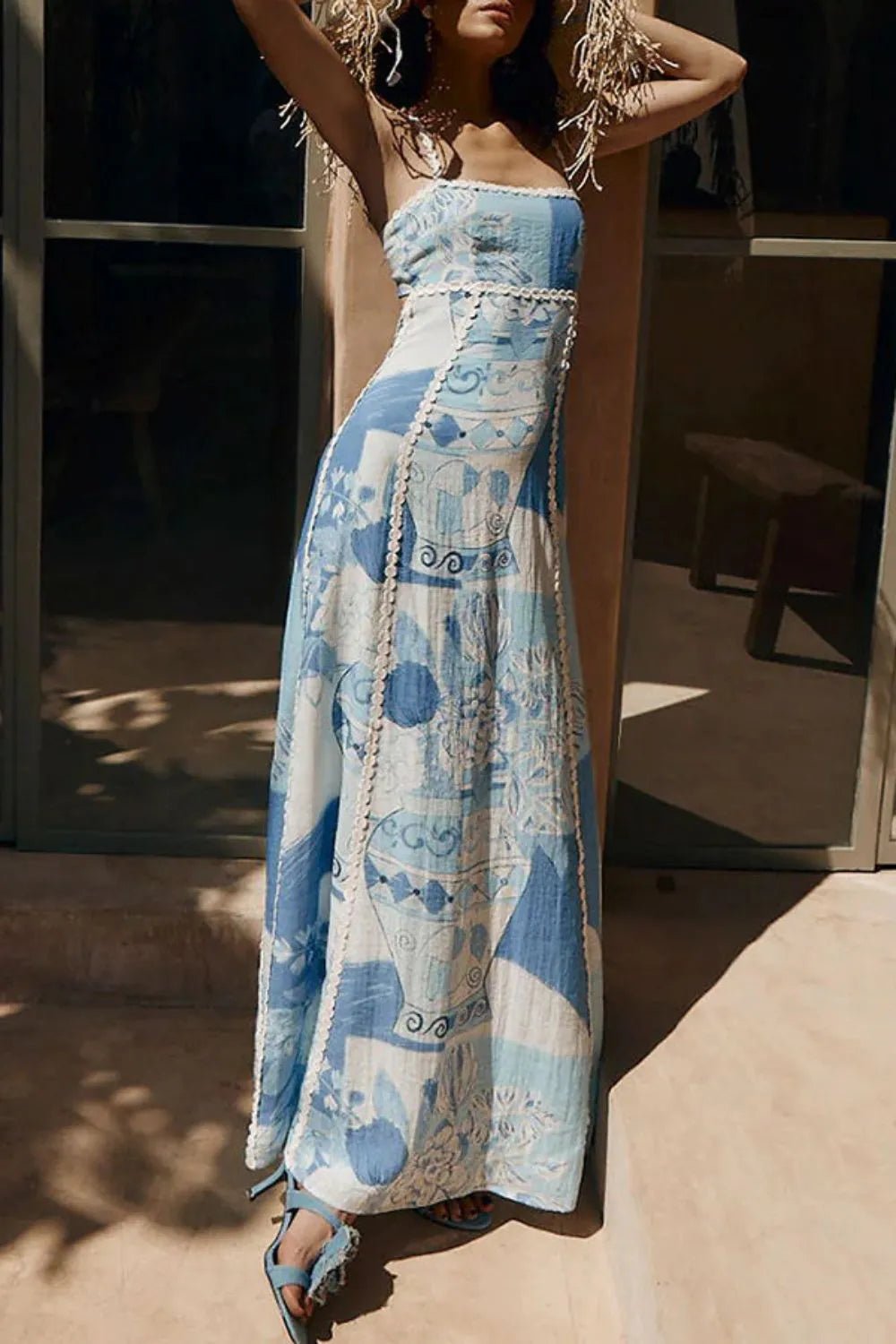 Cutout Back Printed Square Neck Maxi Dress - adritiX