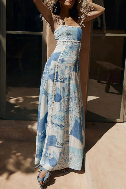 Cutout Back Printed Square Neck Maxi Dress - adritiX