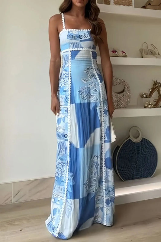Cutout Back Printed Square Neck Maxi Dress - adritiX