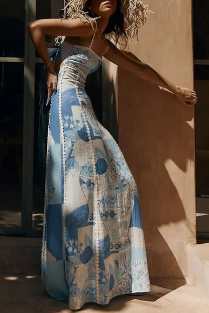 Cutout Back Printed Square Neck Maxi Dress - adritiX