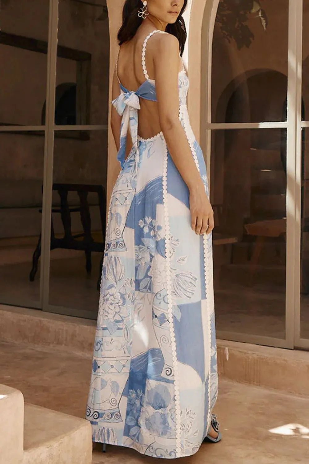 Cutout Back Printed Square Neck Maxi Dress - adritiX