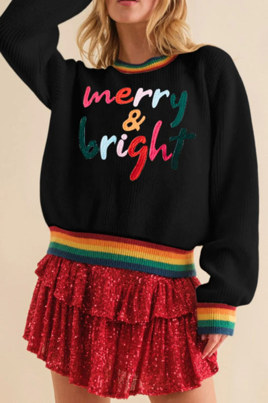 Elegant MERRY & BRIGHT Ribbed Round Neck Sweater - adritiX