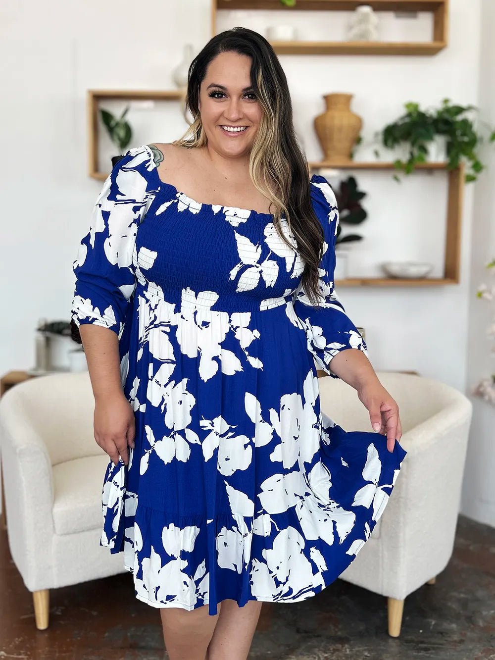 Double Take Full Size Floral Ruffle Hem Smocked Dress with Pockets - adritiX