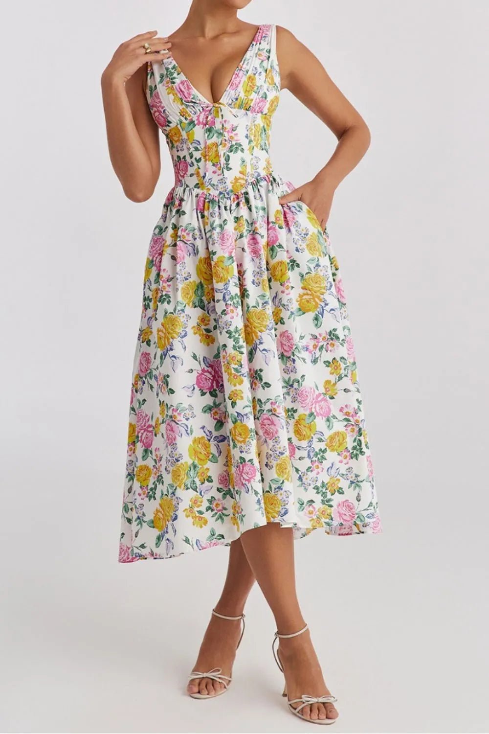 Floral V-Neck Sleeveless Midi Dress with Pockets - adritiX