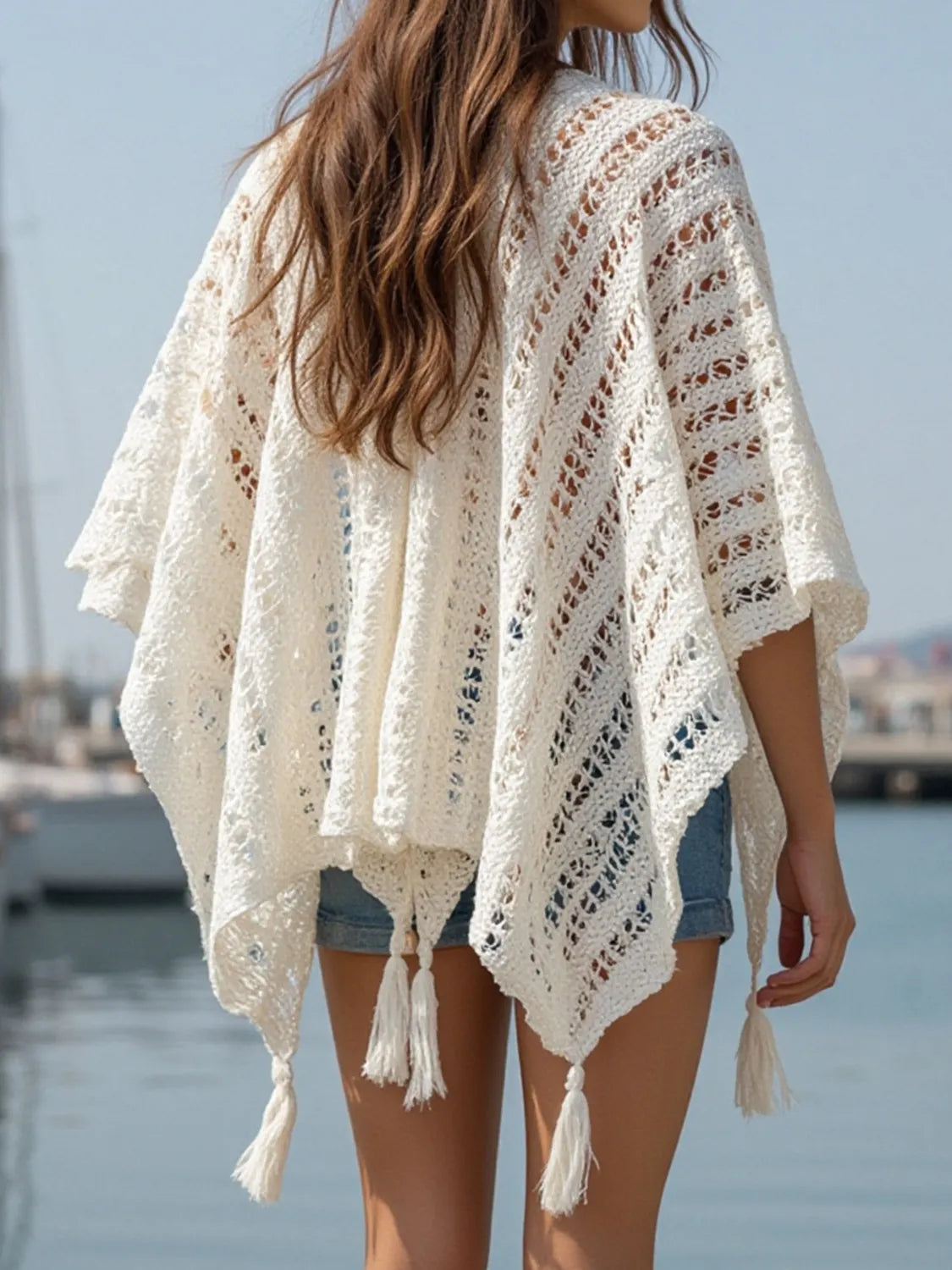 Elegant Openwork Tassel Open Front Knit Cover Up - adritiX