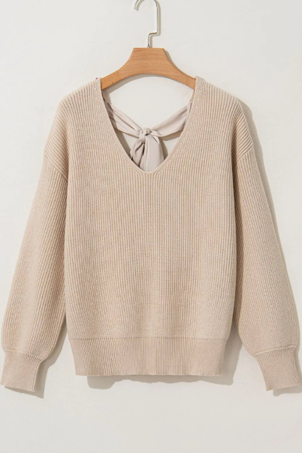 Tied Back V-Neck Long Sleeve Sweater - adritiX