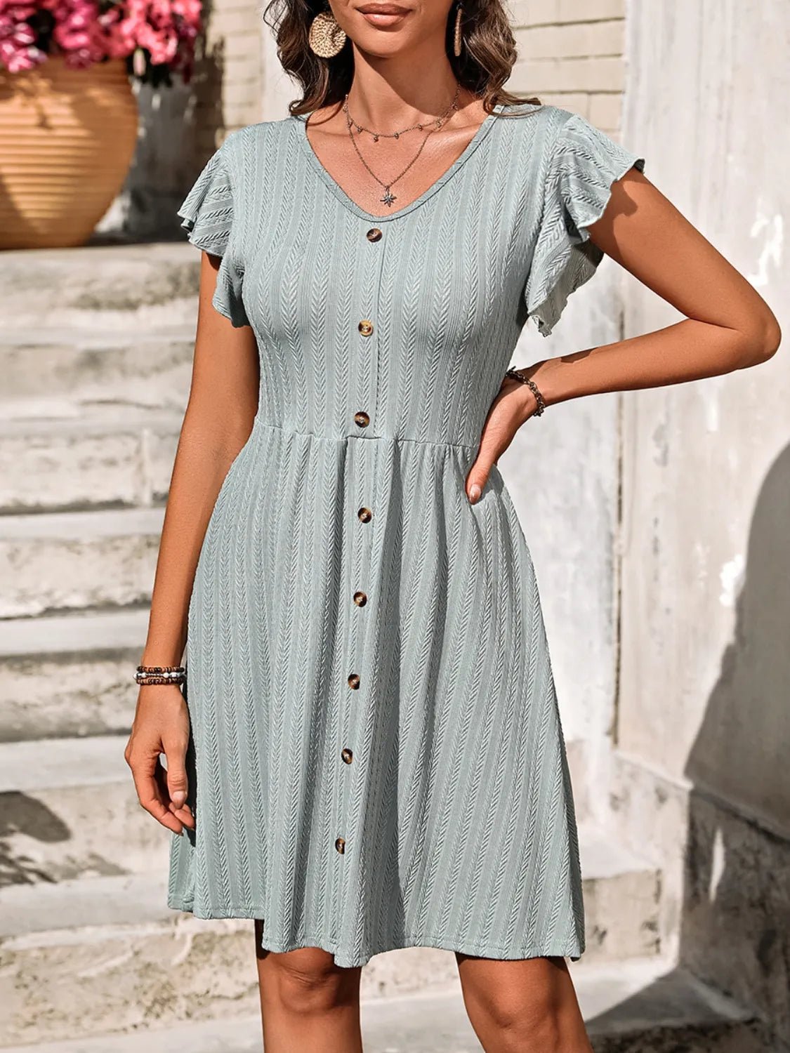 V-Neck Ruffled Cap Sleeve Dress - adritiX