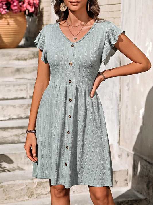 V-Neck Ruffled Cap Sleeve Dress - adritiX
