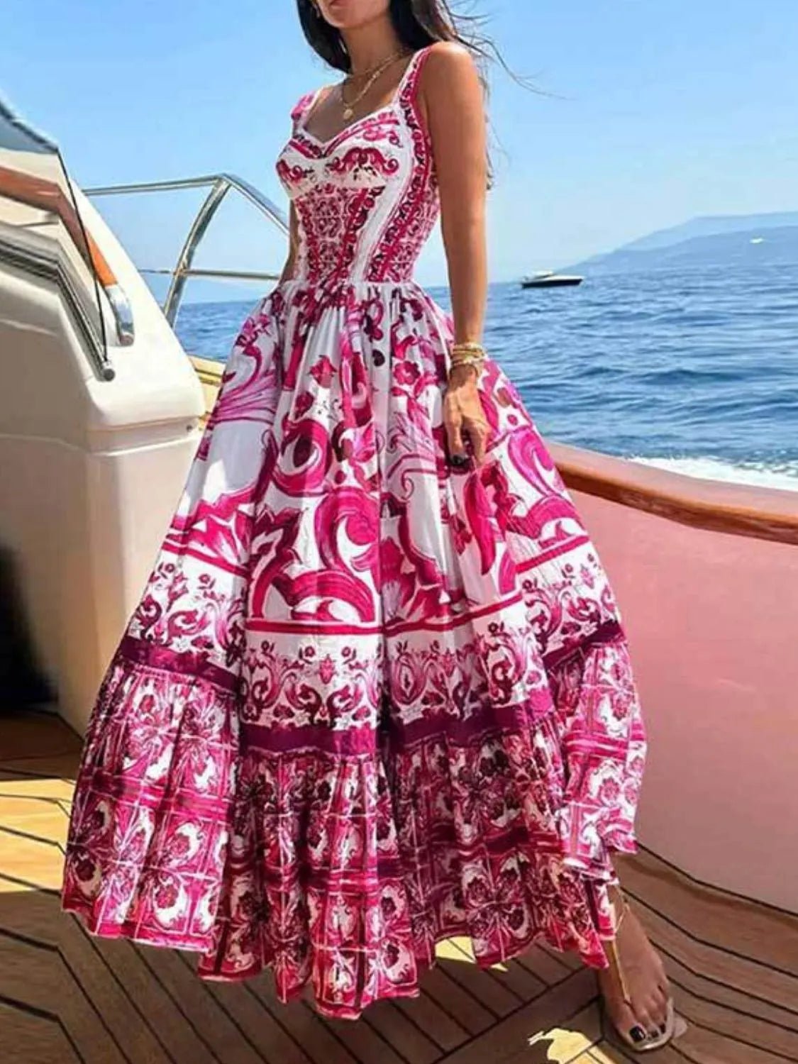 Smocked Printed Wide Strap Dress - adritiX