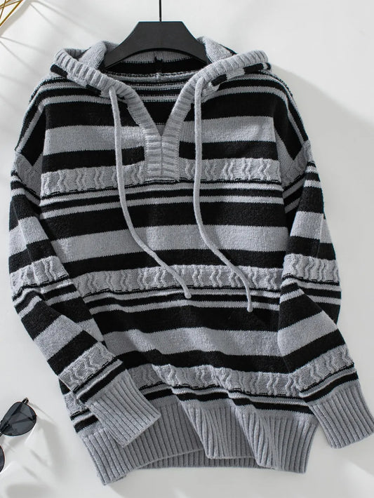 Drawstring Striped Long Sleeve Hooded Sweater - adritiX