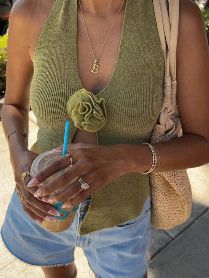 V-Neck Ribbed Knit Sweater Vest with Flower Detail - adritiX