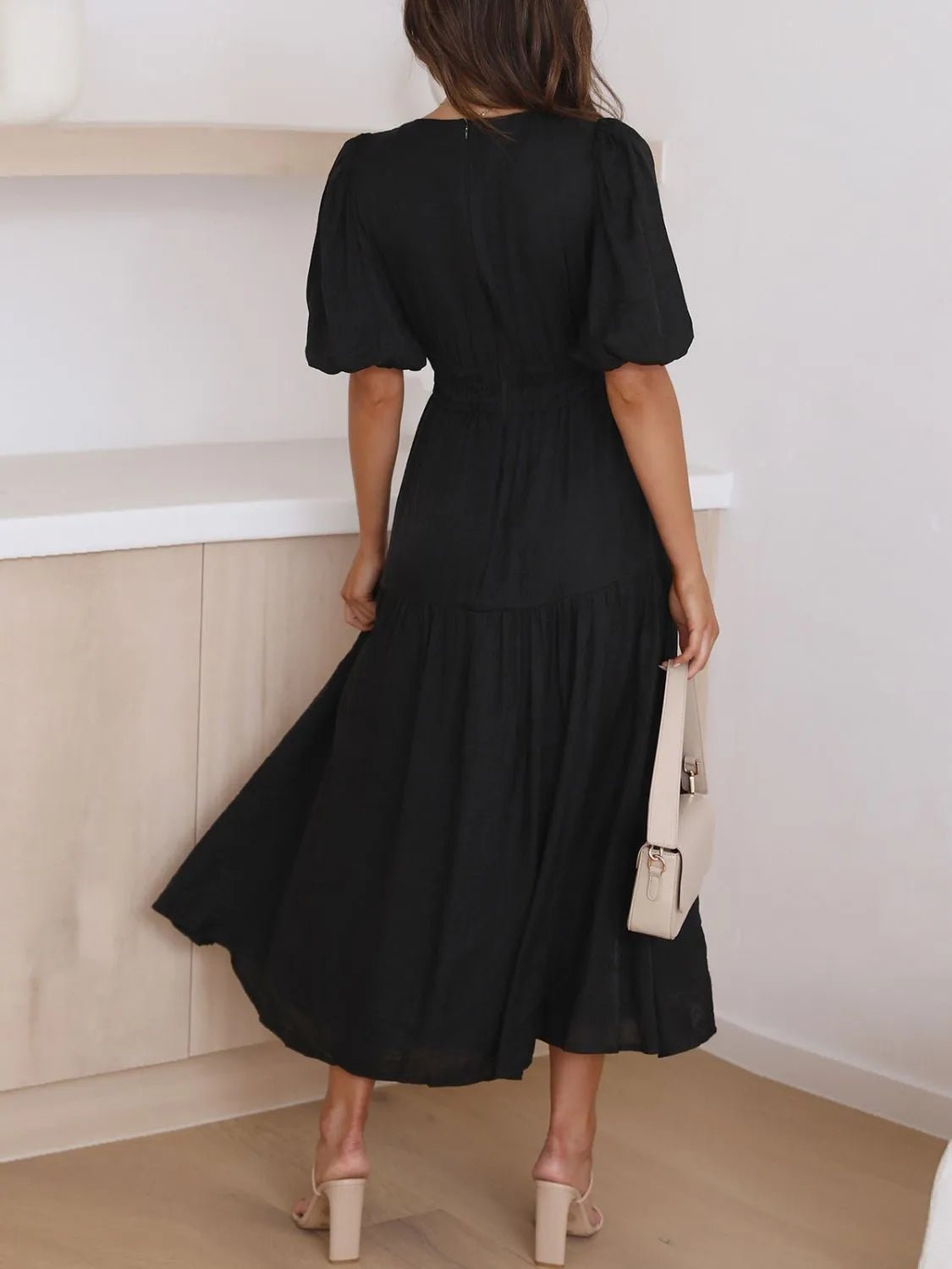 V-Neck Puff Sleeve Midi Dress - adritiX