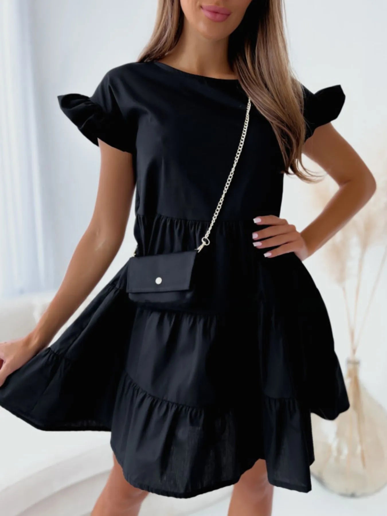 Ruffle Sleeve Tiered Swing Dress - adritiX