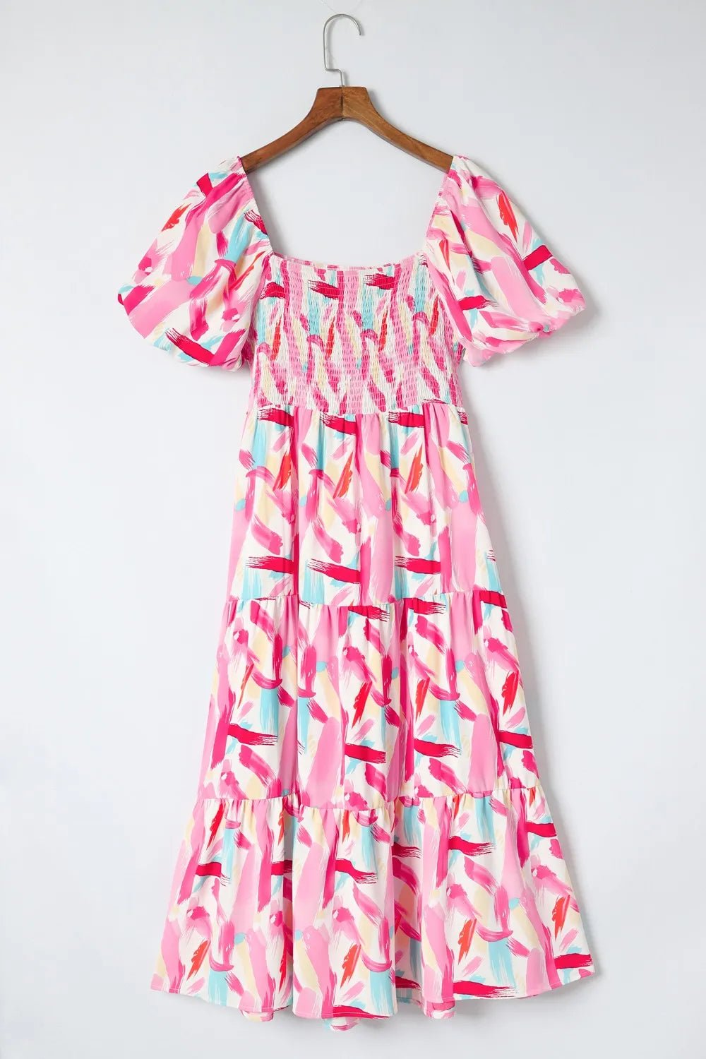 Geometric Print Puff Sleeve Square Neck Midi Dress - adritiX