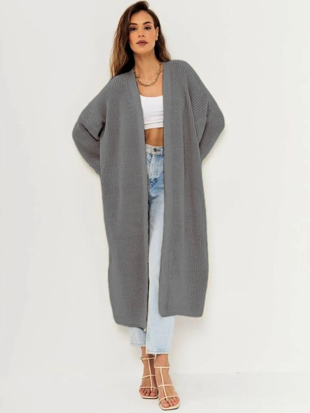 Open Front Long Sleeve Longline Cardigan - adritiX