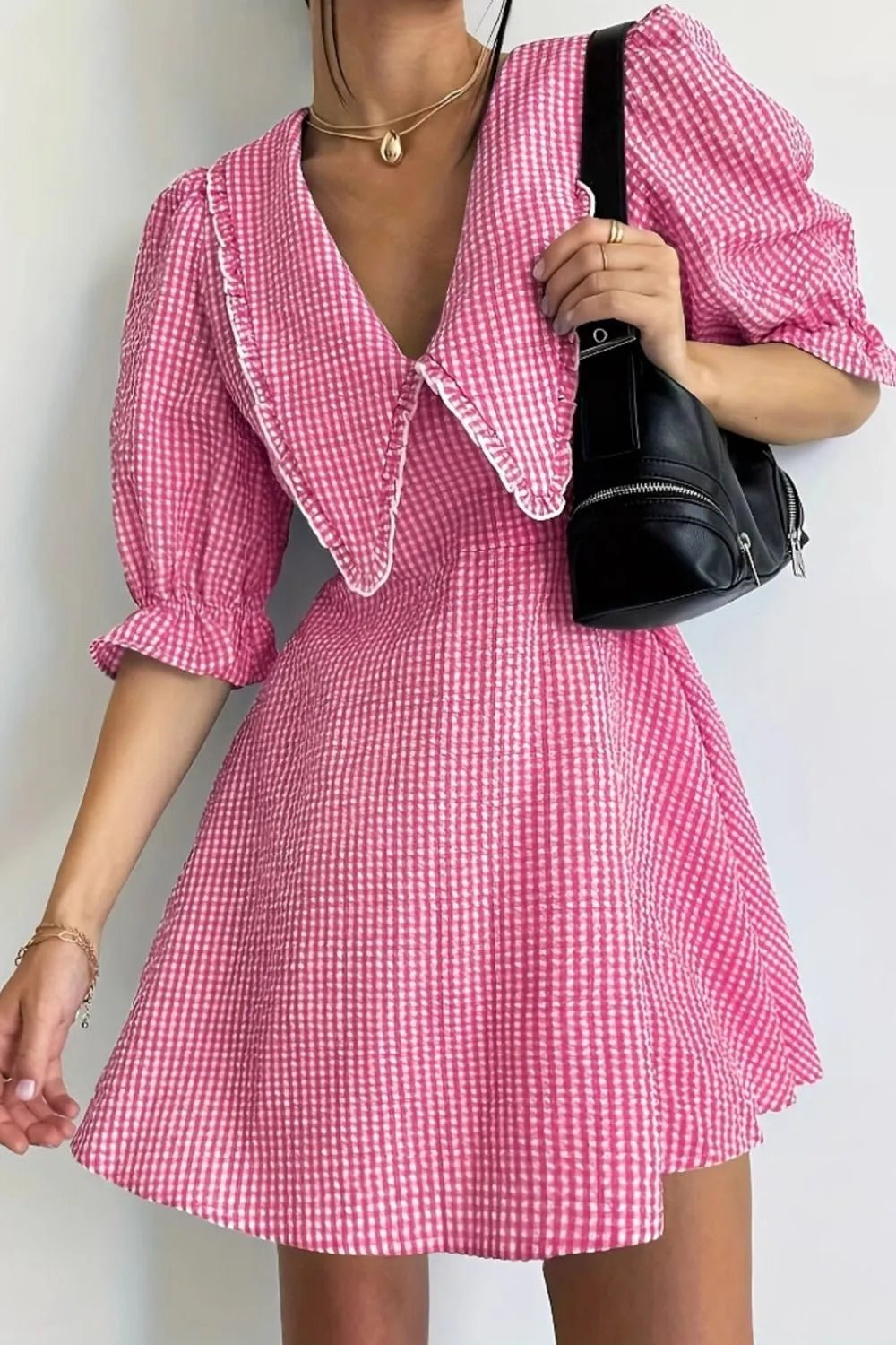 Gingham Puff Sleeve Mini Dress - adritiX