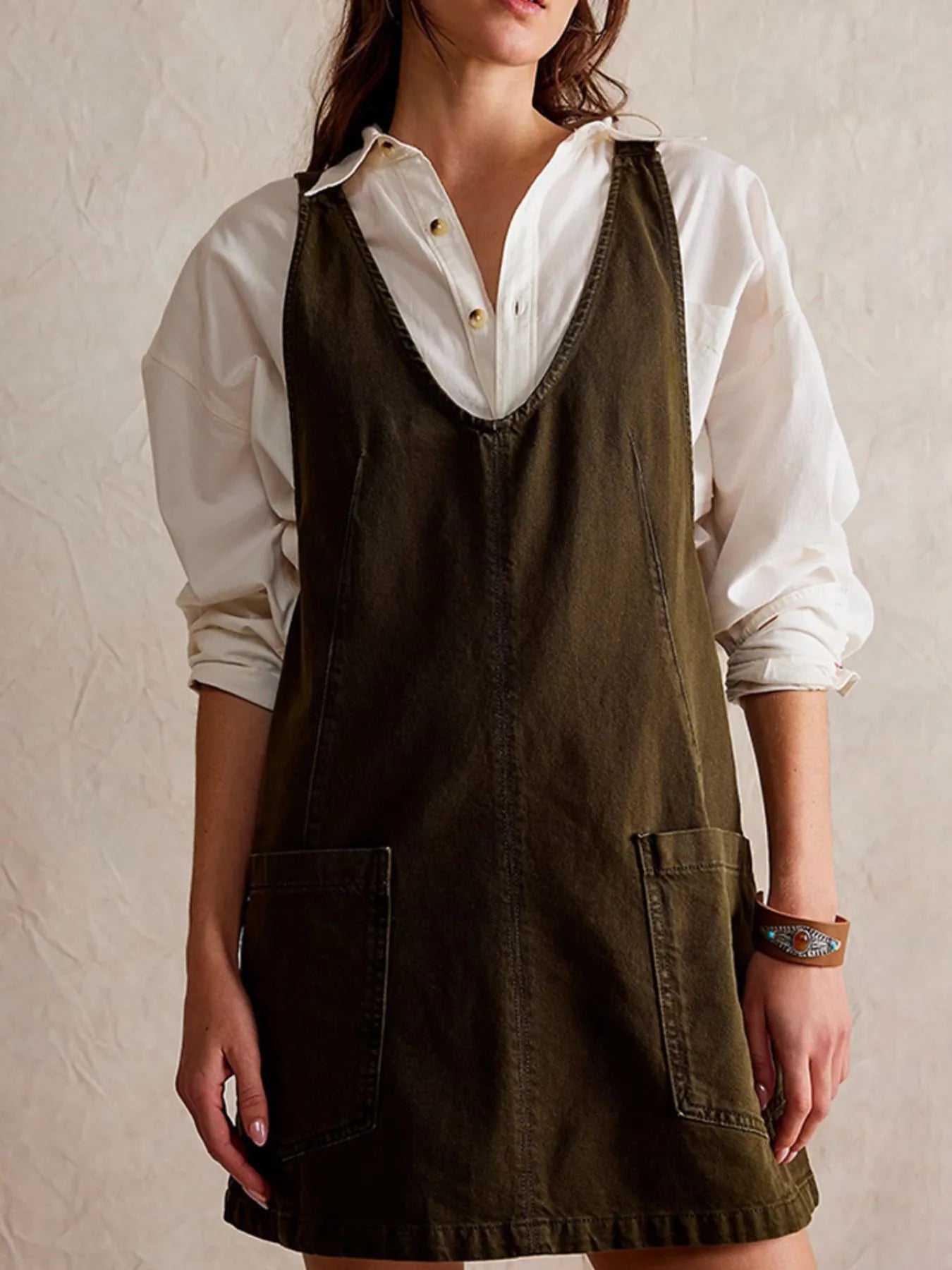Oversized V-Neck Denim Tank Dress with Front Pockets - adritiX