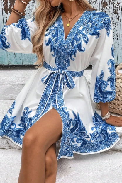 Paisley V-Neck 3/4 Sleeve Mini Dress - adritiX
