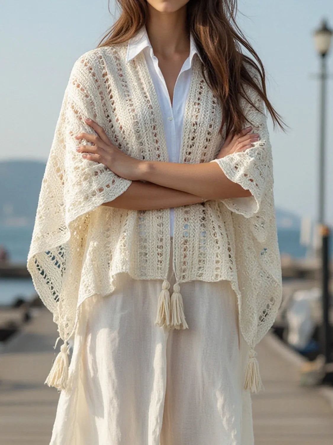 Elegant Openwork Tassel Open Front Knit Cover Up - adritiX