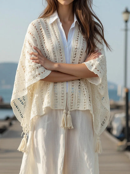 Elegant Openwork Tassel Open Front Knit Cover Up - adritiX