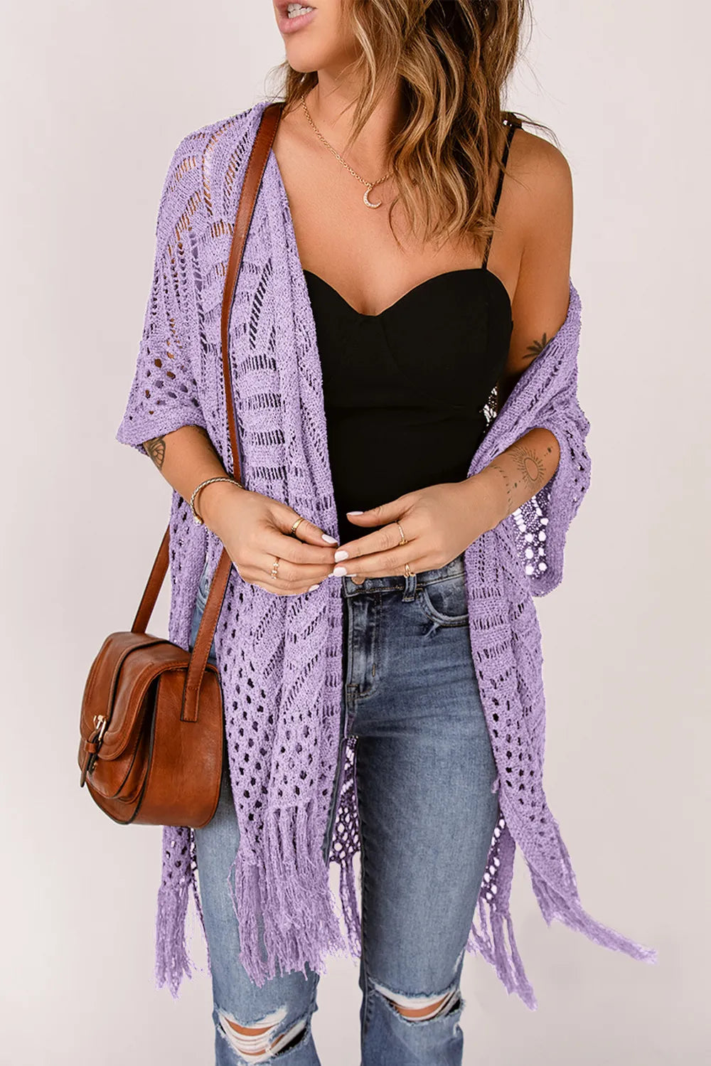Openwork Open Front Cardigan with Fringes - adritiX