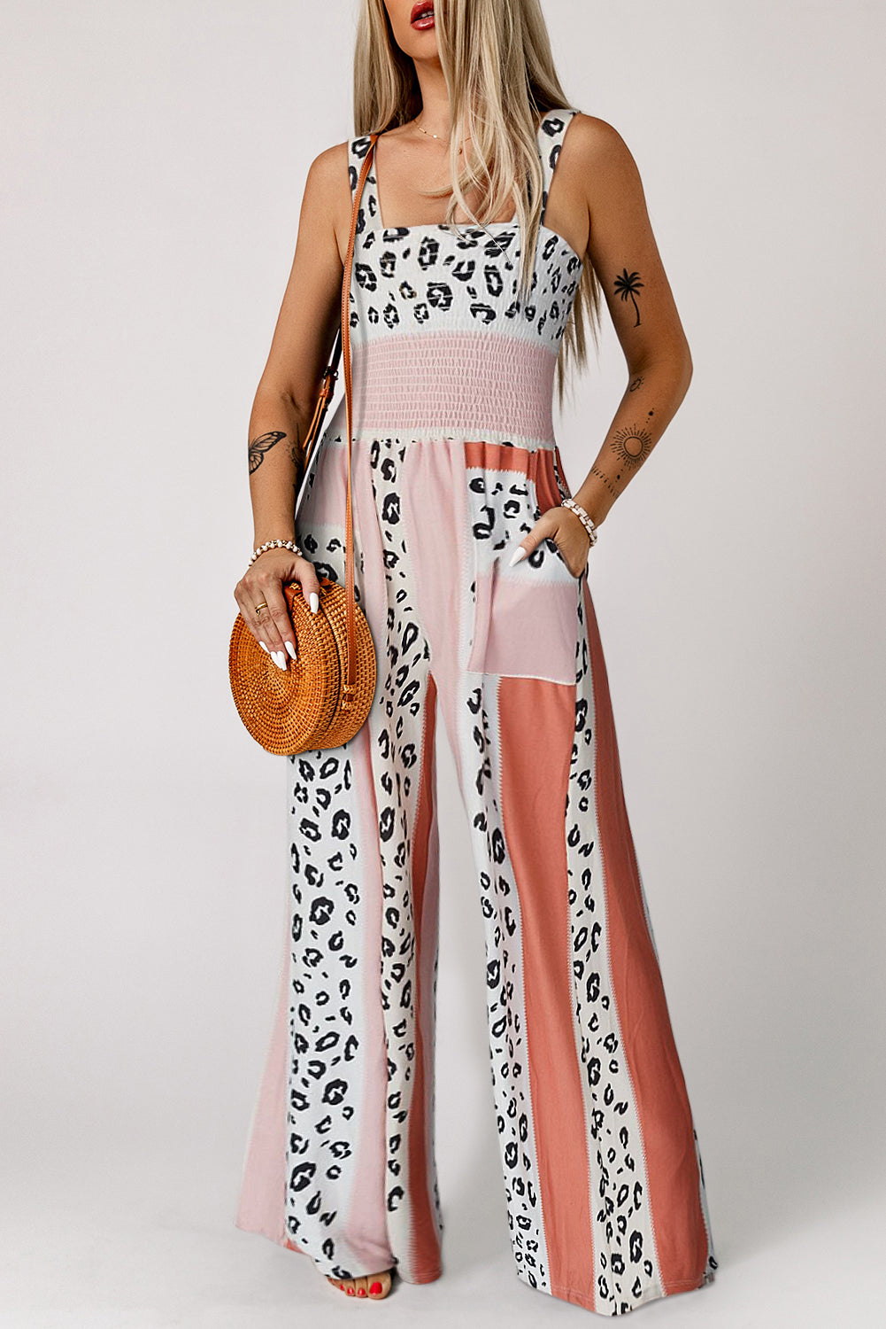 Elegant Leopard Color Block Smocked Jumpsuit - adritiX