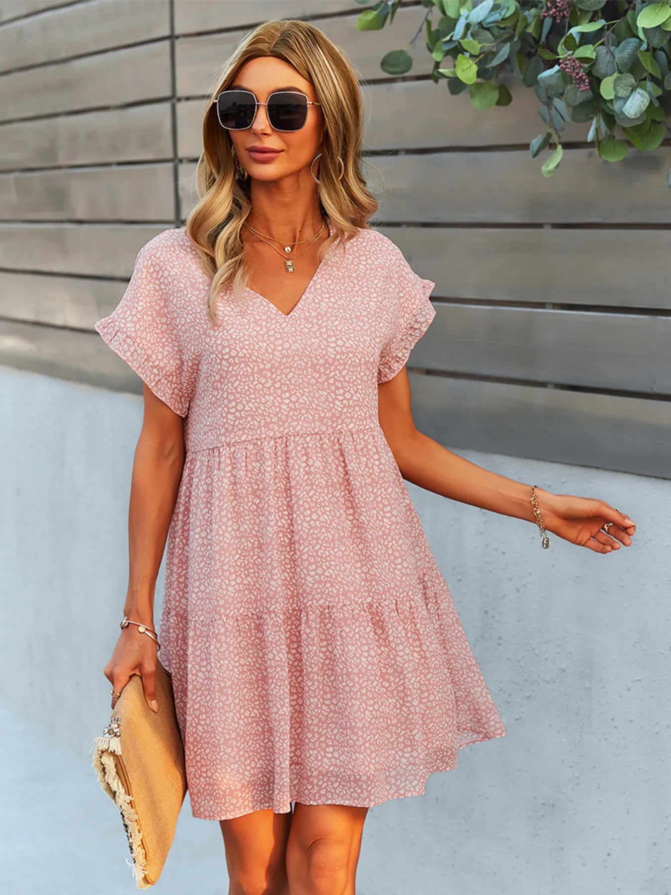 Floral Print V-Neck Ruffle Tiered Summer Mini Dress - adritiX