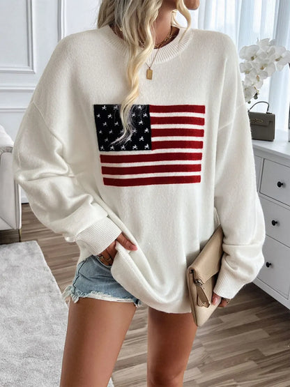 Devine US Flag Round Neck Long Sleeve Knit Top - adritiX