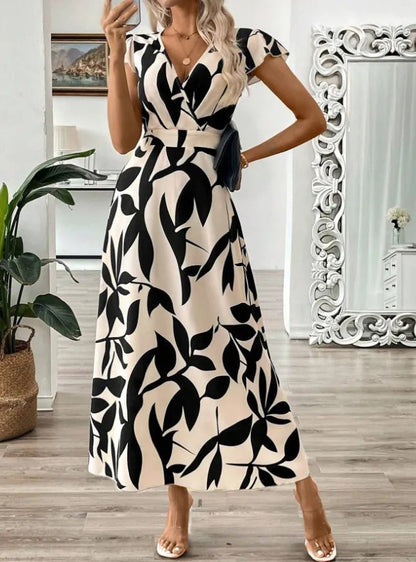 Printed Surplice Wrap Midi Dress - adritiX