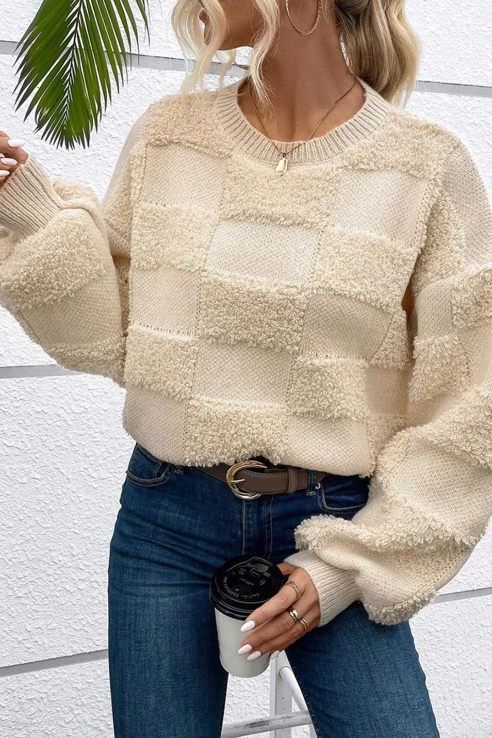 Checkered Round Neck Dropped Shoulder Sweater - adritiX