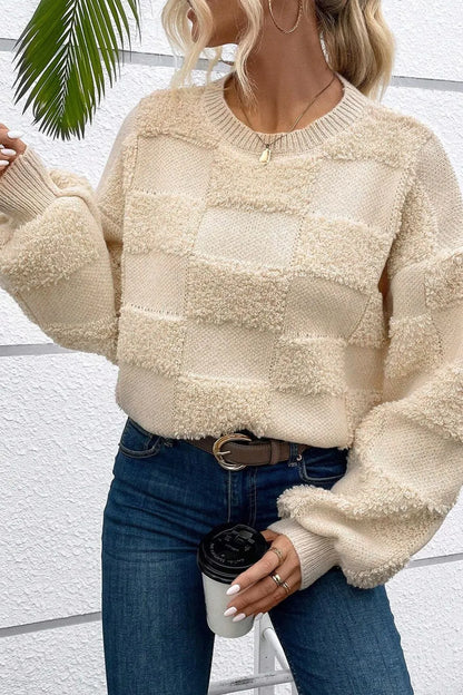 Checkered Round Neck Dropped Shoulder Sweater - adritiX