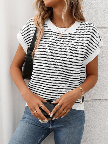 Striped Round Neck Short Sleeve Knit Top - adritiX