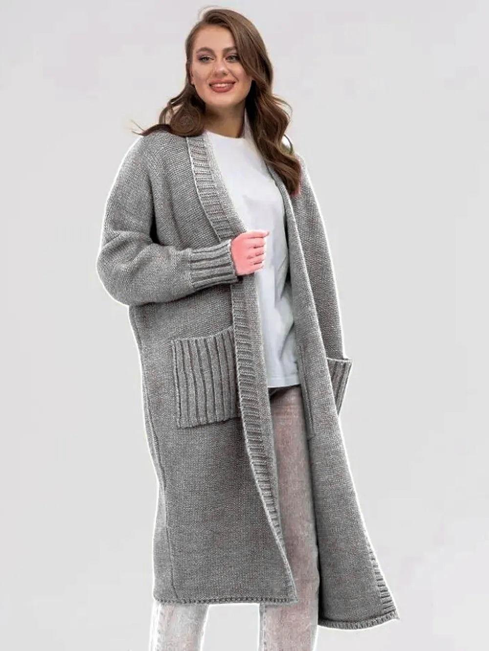 Pocketed Open Front Long Sleeve Longline Cardigan - adritiX