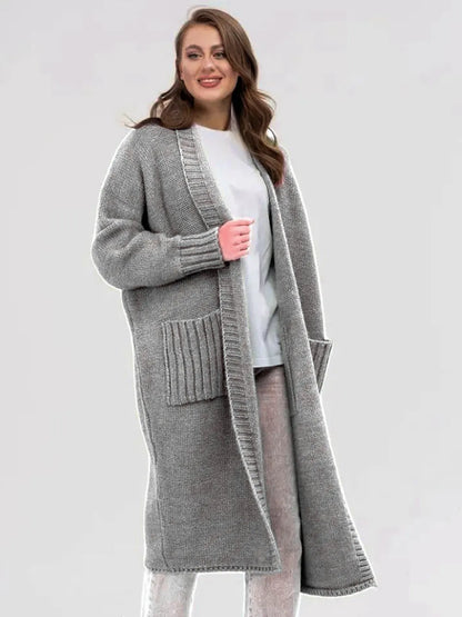 Pocketed Open Front Long Sleeve Longline Cardigan - adritiX