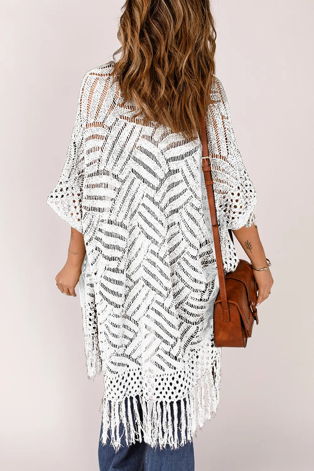 Openwork Open Front Cardigan with Fringes - adritiX