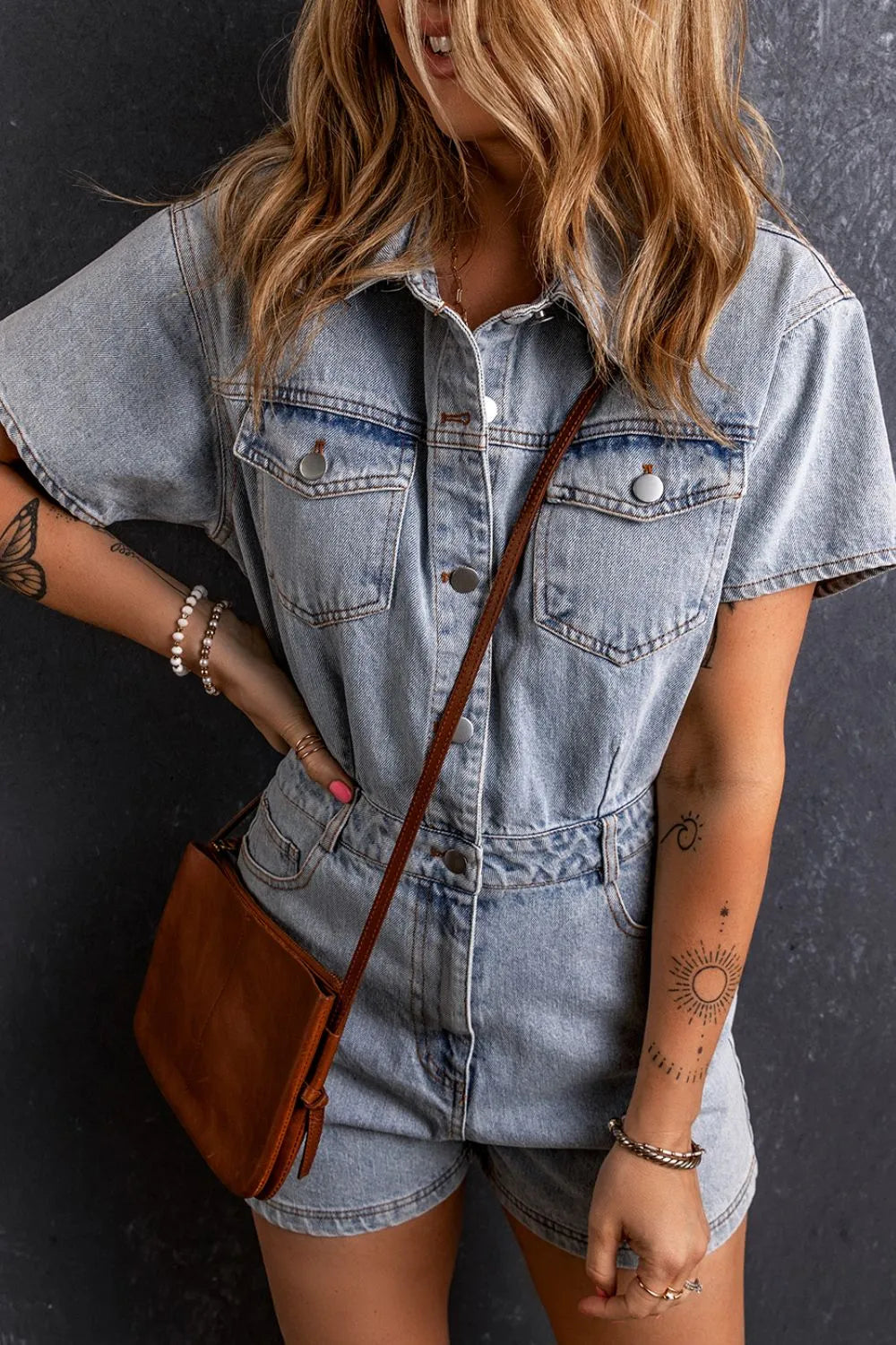 Elegant Washed Button Down Pocketed Denim Romper - adritiX