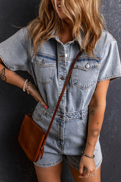 Elegant Washed Button Down Pocketed Denim Romper - adritiX