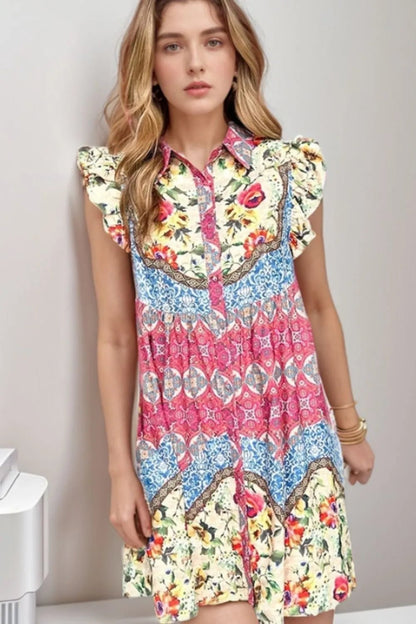 Floral Mixed Pattern Ruffle Flutter Sleeve Buttoned Dress - adritiX