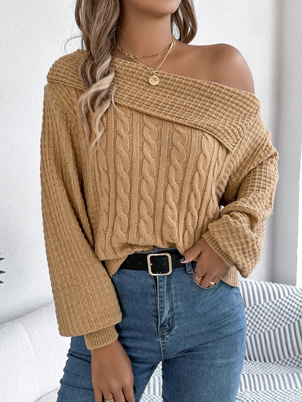 Cable-Knit One Shoulder Long Sleeve Sweater - adritiX