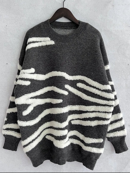 Elegant Contrast Round Neck Long Sleeve Sweater - adritiX