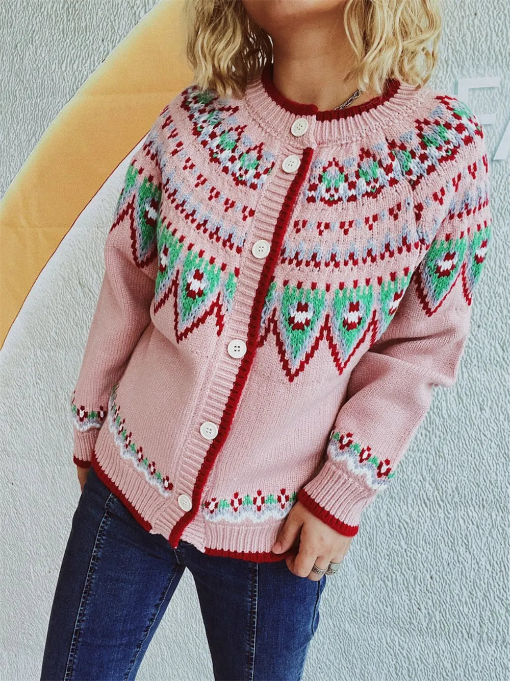 Contrast Geometric Round Neck Long Sleeve Cardigan - adritiX
