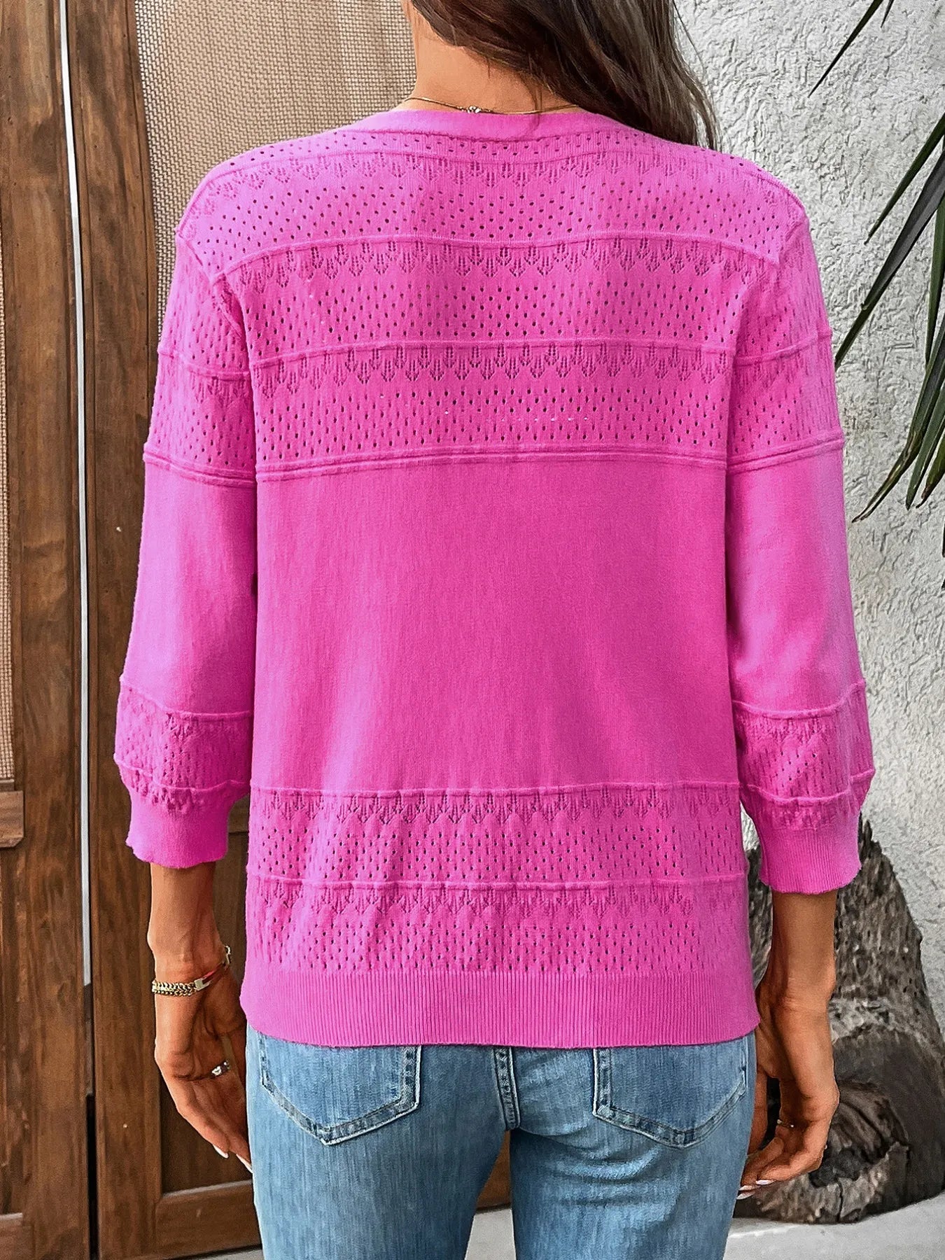 Textured Button-Front Cardigan with 3/4 Sleeves - adritiX