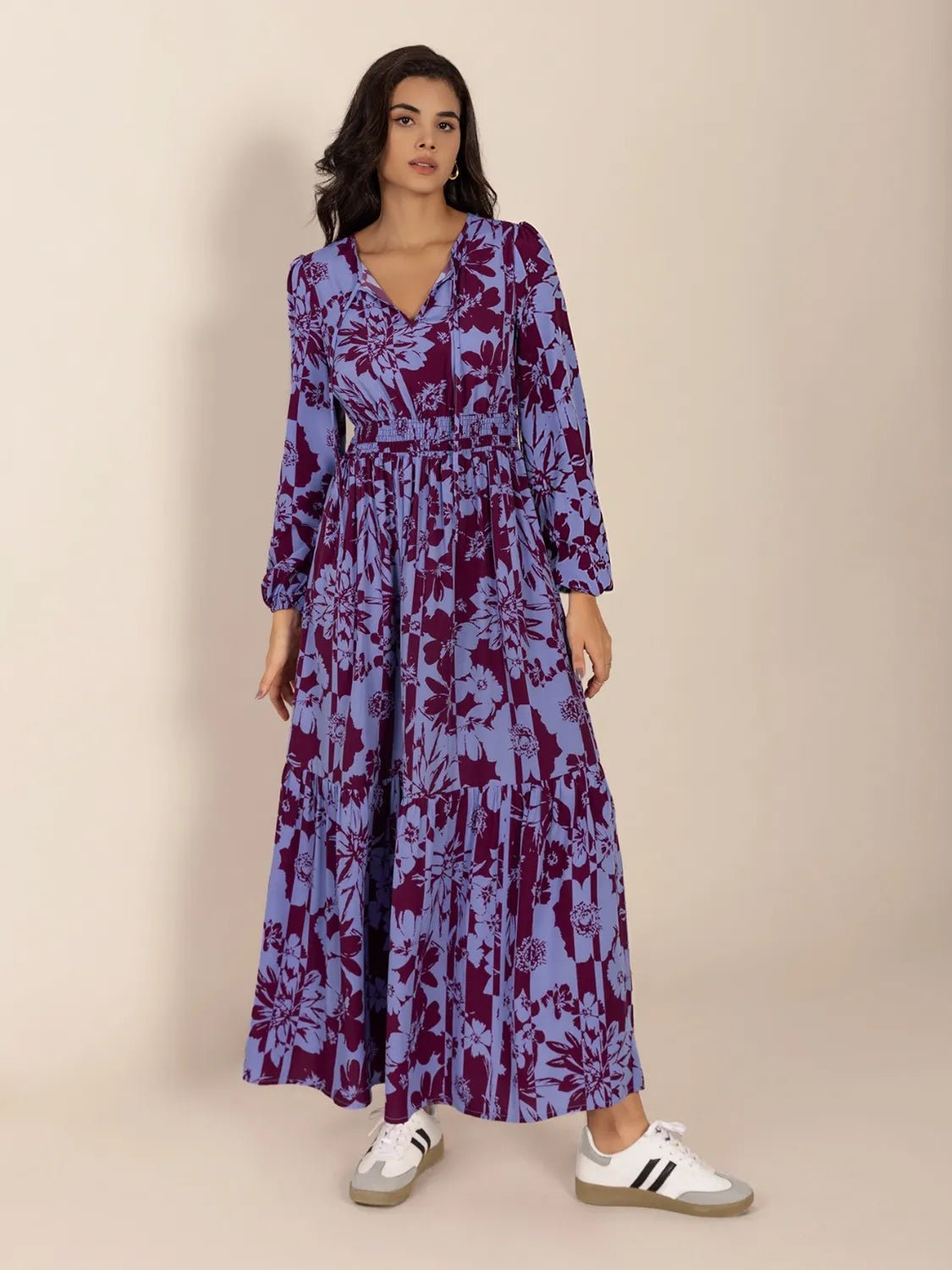 Printed Tie Neck Balloon Sleeve Maxi Dress - adritiX