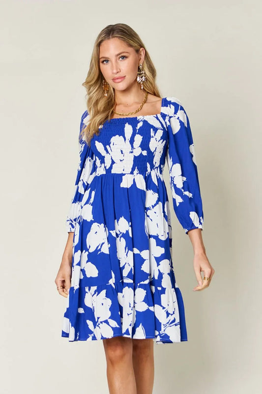 Double Take Full Size Floral Ruffle Hem Smocked Dress with Pockets - adritiX