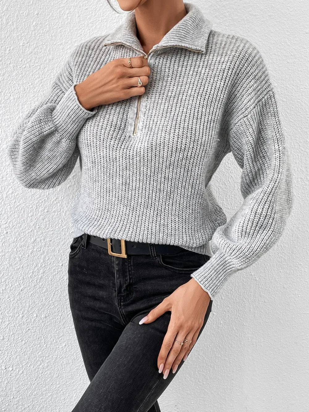 Elegant Honey Half Zip Dropped Shoulder Sweater - adritiX