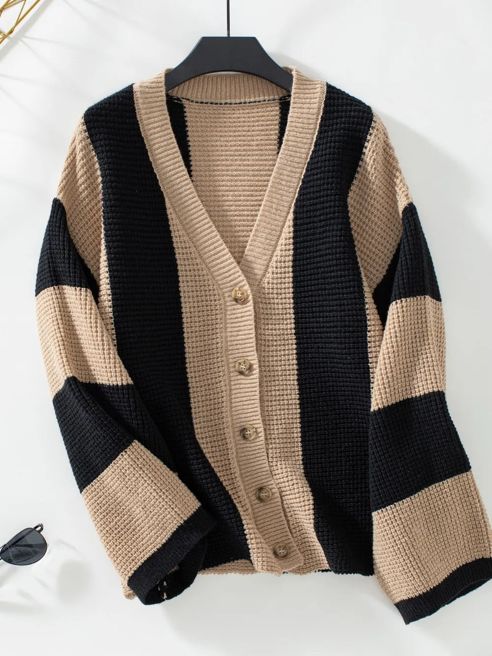 Waffle-Knit V-Neck Striped Long Sleeve Cardigan - adritiX