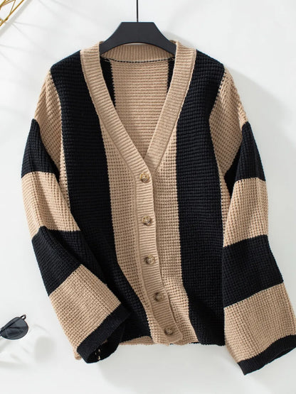 Waffle-Knit V-Neck Striped Long Sleeve Cardigan - adritiX