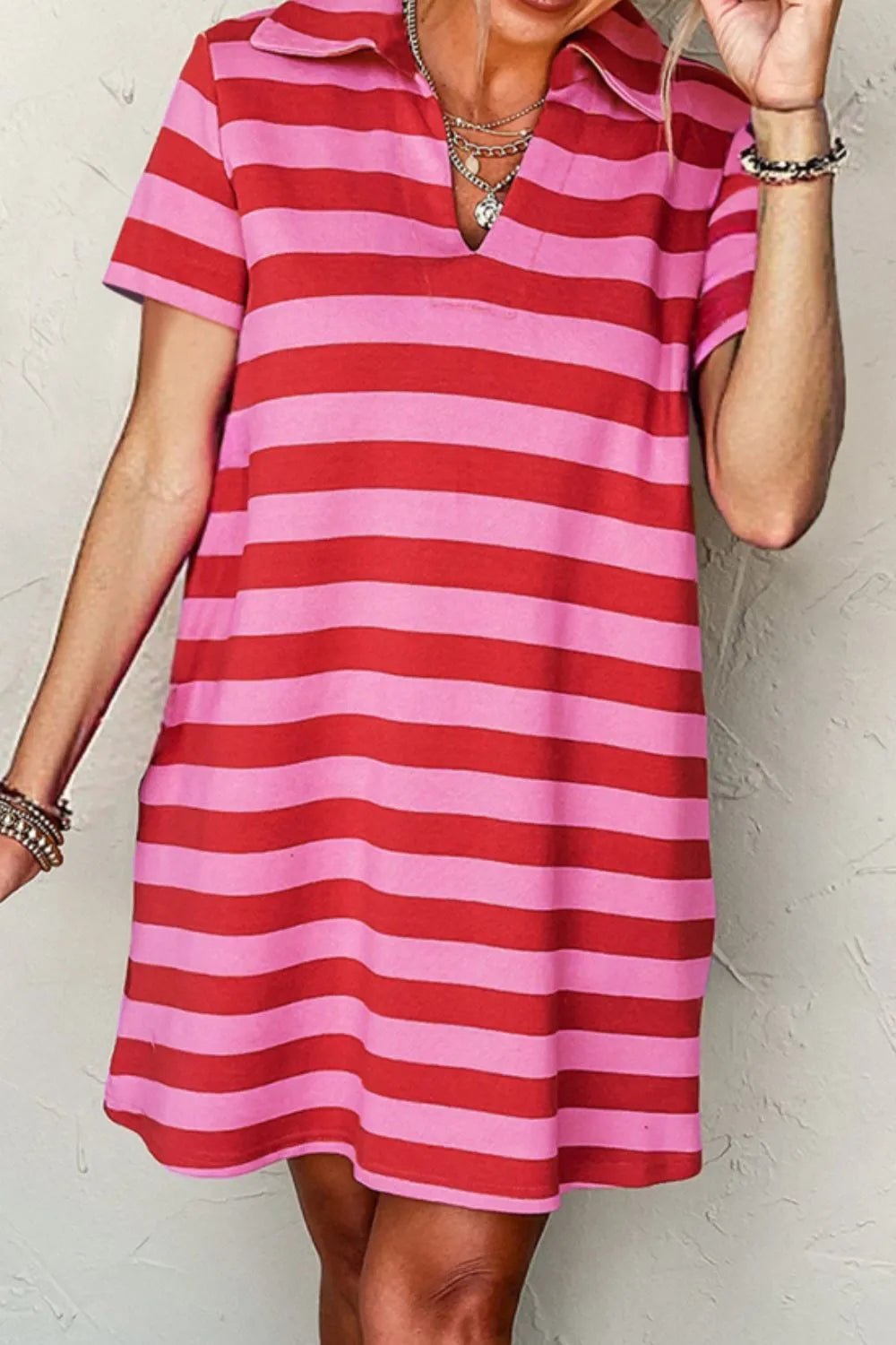 Casual Striped Polo Collar T-Shirt Dress - adritiX